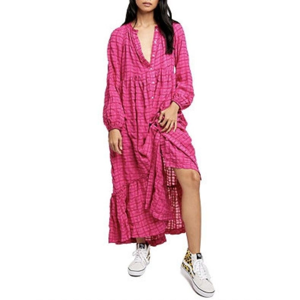 Free People Maxi Dress S Vacation Boho Resort Festival Vibrant Fuchsia Pink Edie - Picture 2 of 7